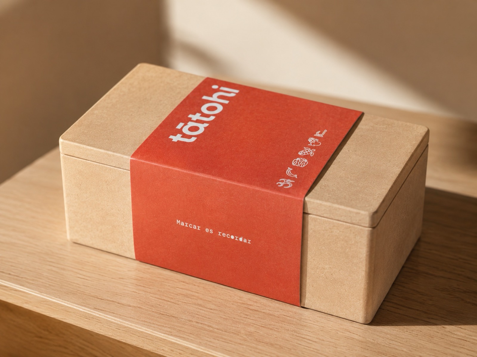 Caja de Tātohi en cartón kraft con la faja naranja de la marca