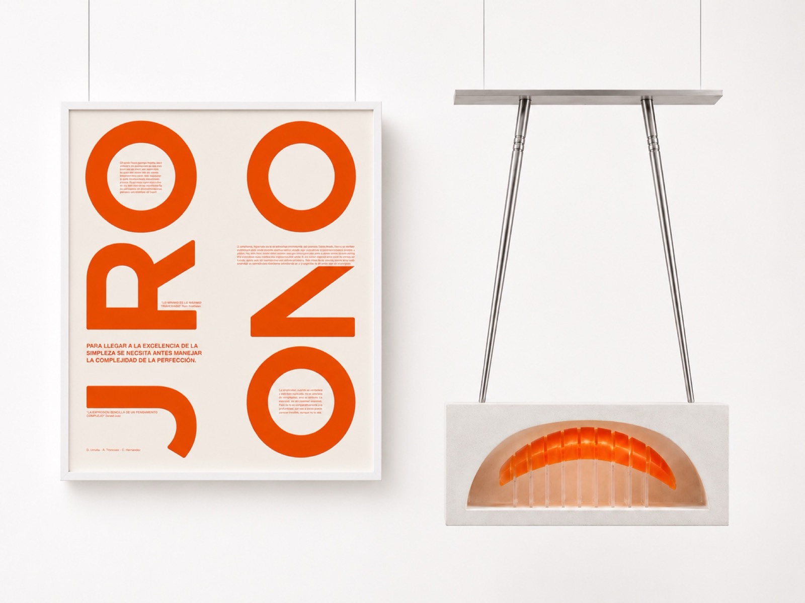Afiche de Jiro Ono junto a la pieza escultórica de resina naranja